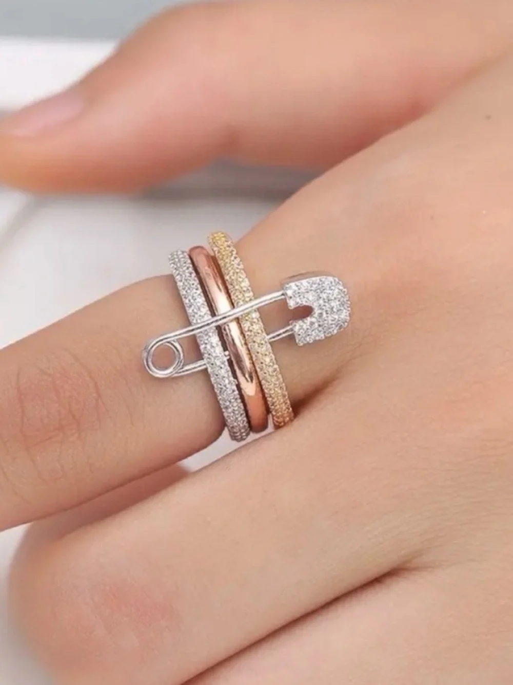 Tricolor CZ Safety Pin Ring - Rose Gold, Gold & Silver - Picture 3 of 6